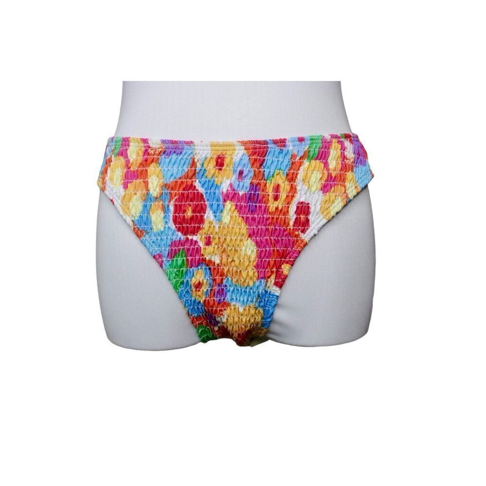 Shein Floral Smocked Pink Blue‎ High Leg Bikini Swim Bottom LARGE Coquette